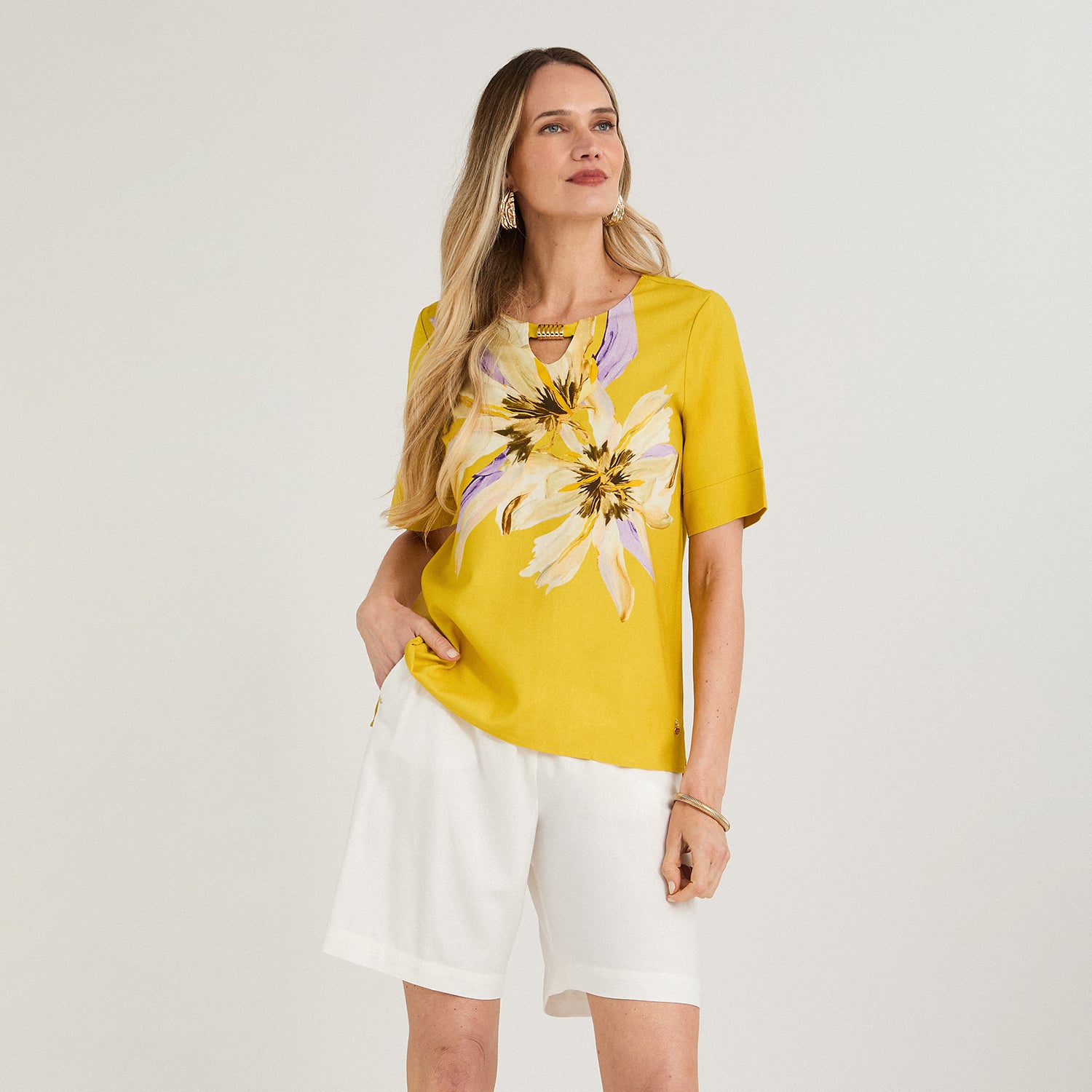 Blusa Lino Manga 3/4 Estampada Amarillo